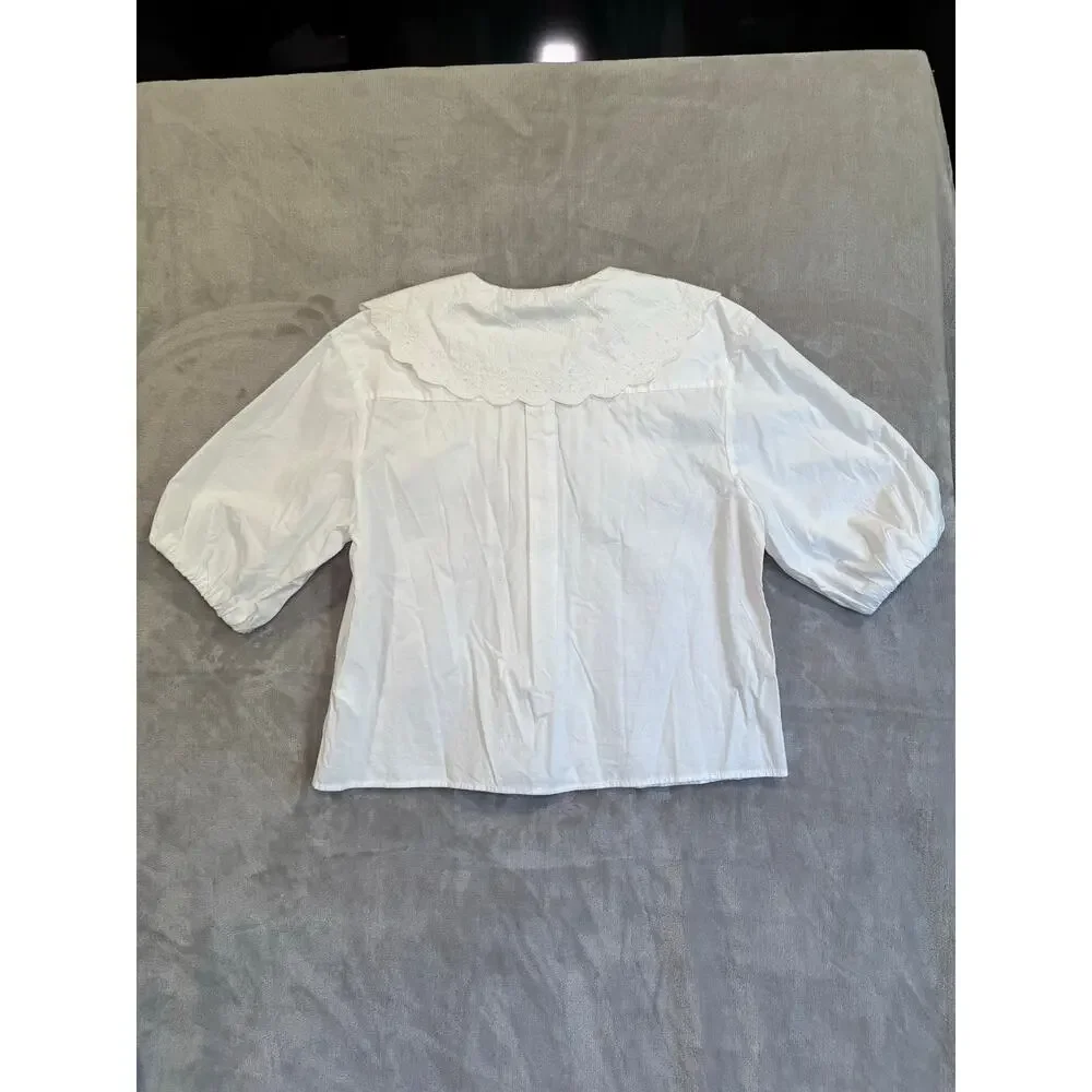 ZARA White Embroidered Peter Pan Collar Puff Sleeve Blouse Top Size M NWT
